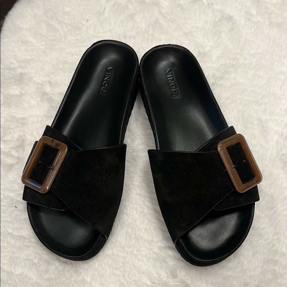 Vince Grant Suede Slide Black and Brown Mules